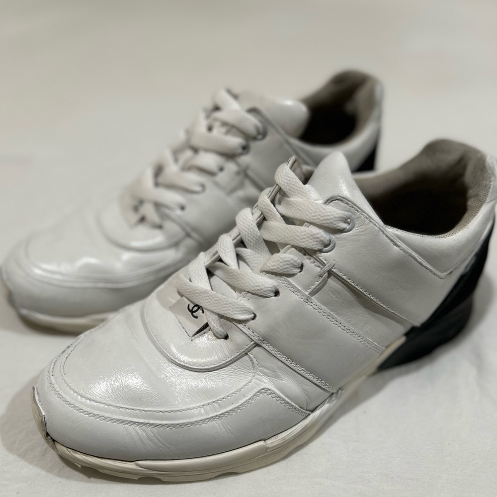 Chanel White Leather Black Satin Sneakers Shoes size 40